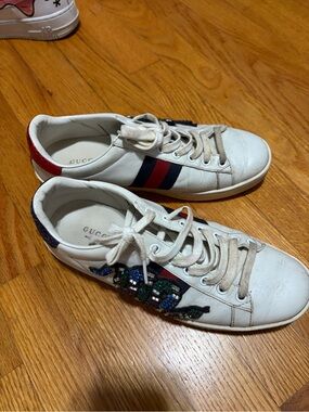 Gucci White Leather Sneakers with Red & Blue Web and Beaded Snake
